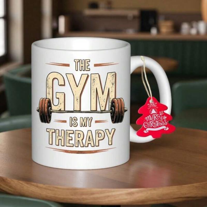Tailorly White Ceramic 11 oz Mug - The Gym Is My Therapy Heavy Iron Barbell Set Behind Distressed Vintage Letters Barbell