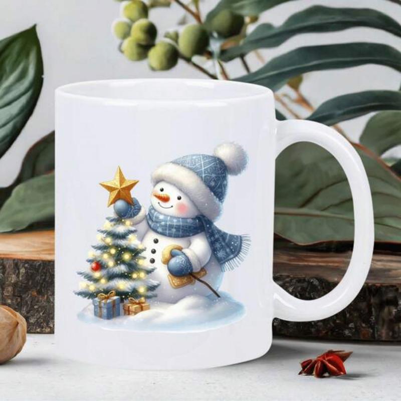 Tailorly White Ceramic 11 oz Mug - Cute Smiling Snowman In Blue Scarf Standing Beside Decorated Glowing Pine Snowman