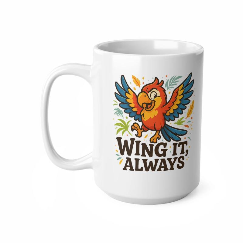 Tailorly White Ceramic 11 oz Mug - Wing It Always Cheerful Colorful Cartoon Bird Spreading Large Blue Wings With Foliage Parrot