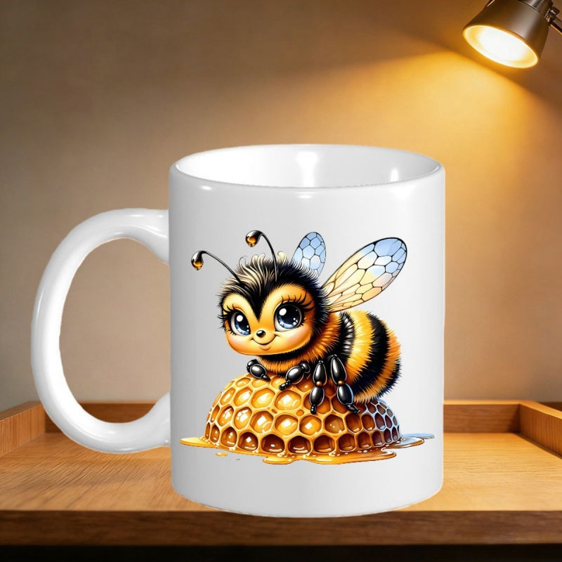 Tailorly White Ceramic 11 oz Mug - Adorable Little Bee With Large Eyes Perched On Golden Sweet Honeycomb Bee
