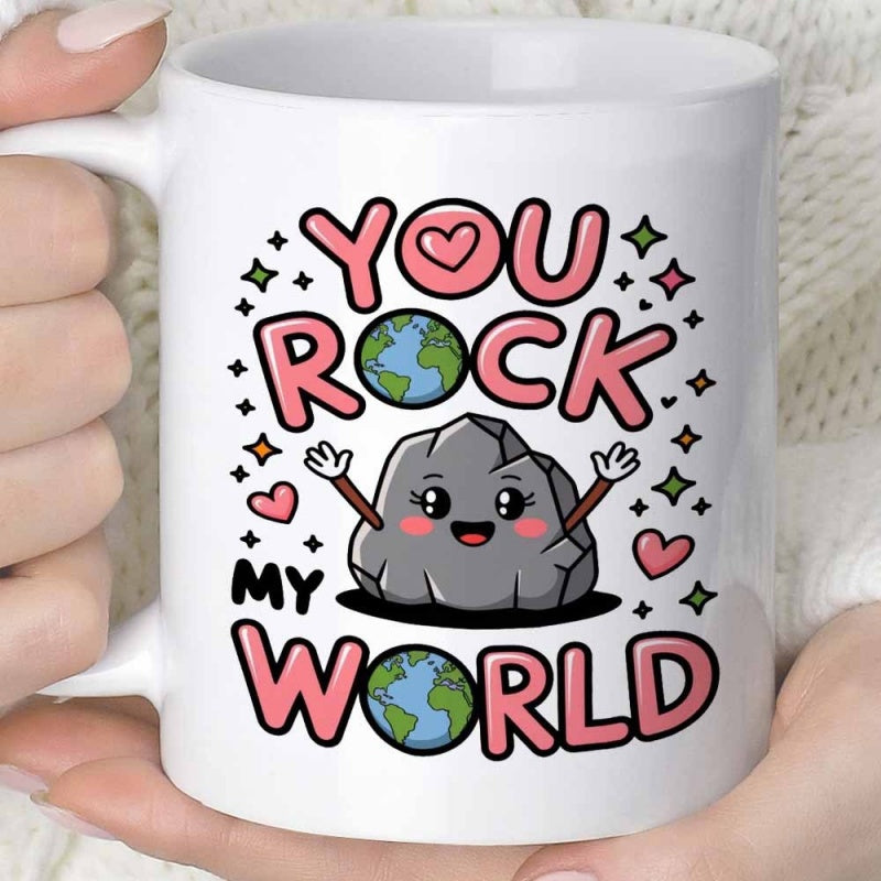 Tailorly White Ceramic 11 oz Mug - You Rock My World Smiling Cartoon Character Among Planet Earth Spheres And Sparkling Hearts Rock