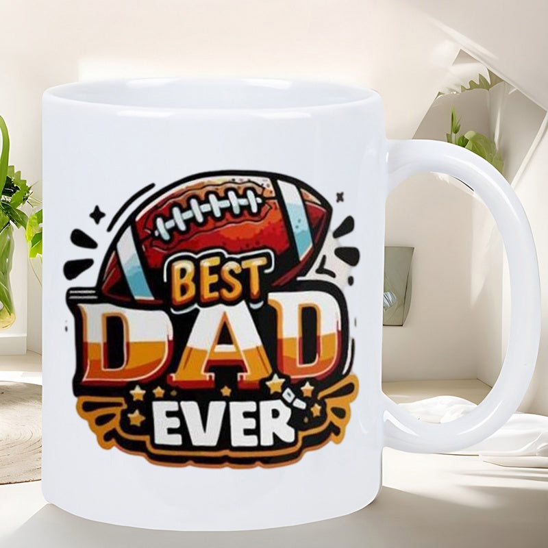 Tailorly White Ceramic 11 oz Mug - Best Dad Ever Dynamic American Sports Graphic Stylized With Thick Outlines And Vibrant Stars Football