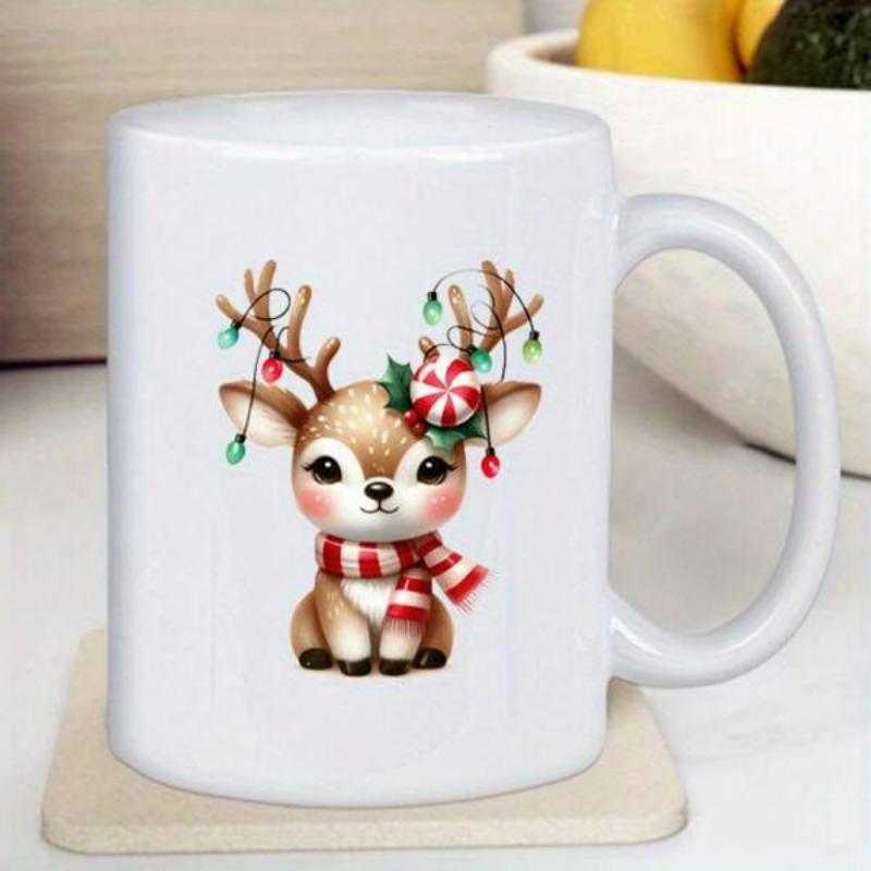 Tailorly White Ceramic 11 oz Mug - Cute Festive Baby Reindeer With Red Striped Scarf And Christmas Lights Reindeer