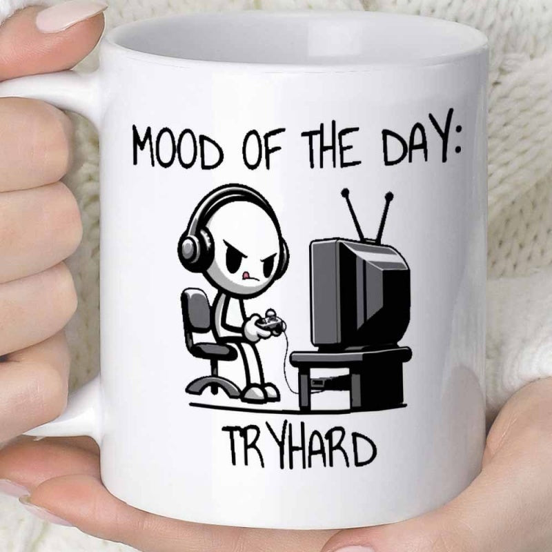 Tailorly White Ceramic 11 oz Mug - Mood Of The Day Tryhard Determined Stickman Playing Video Games In Front Of Old Television Set Gamer