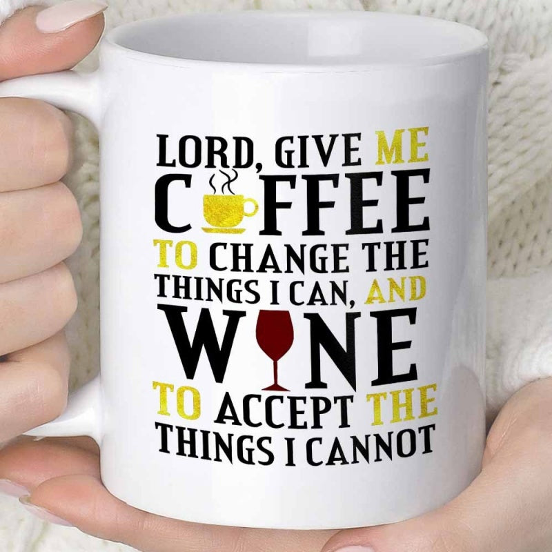Tailorly White Ceramic 11 oz Mug - Lord Give Me Coffee To Change The Things I Can And Wine To Accept The Things I Cannot Featuring Minimalist Icons Illustrating