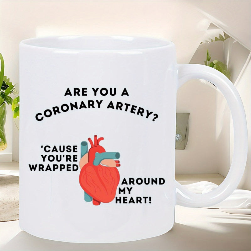 Tailorly White Ceramic 11 oz Mug - Are You A Coronary Artery Cause Youre Wrapped Around My Heart Stylized Medical Anatomical Red Human Heart With Blue And Beige