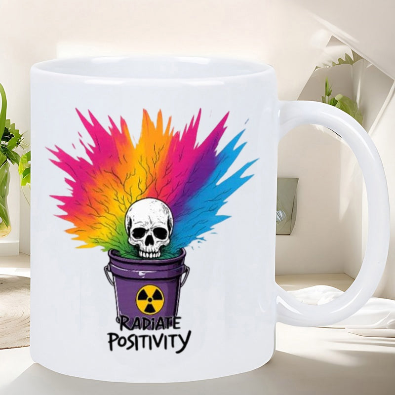 Tailorly White Ceramic 11 oz Mug - Radiate Positivity Vibrant Colorful Paint Splashing From Purple Bucket With Radiation Hazard Symbol Skull