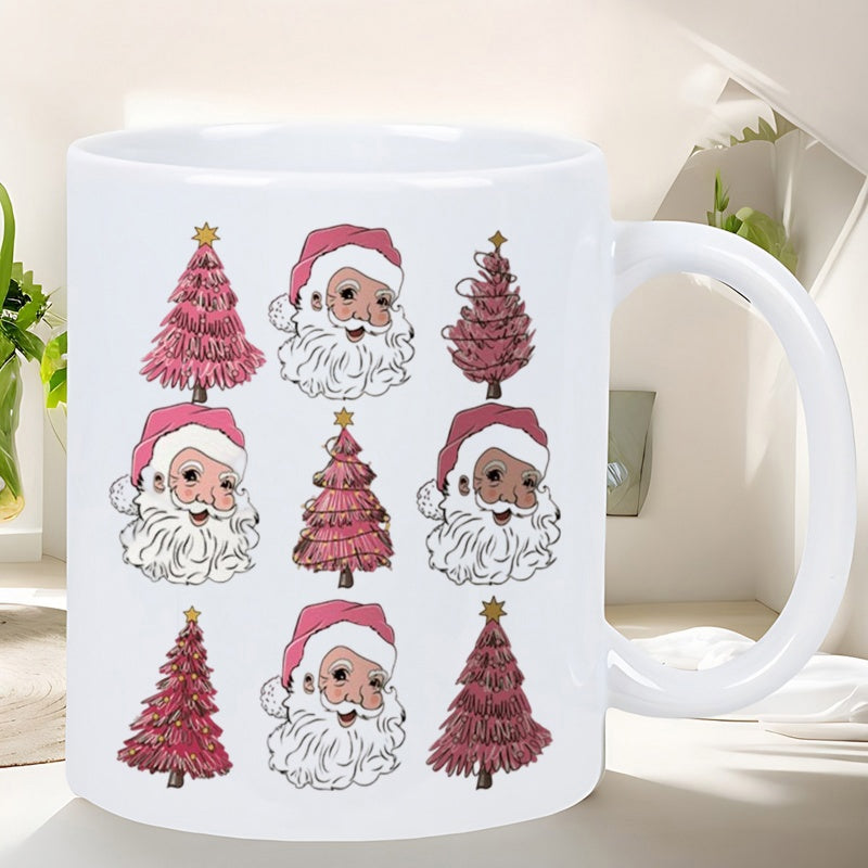 Tailorly White Ceramic 11 oz Mug - Patterned Vintage Festive Pink Christmas Trees And Retro Cute Smiling Faces Santa