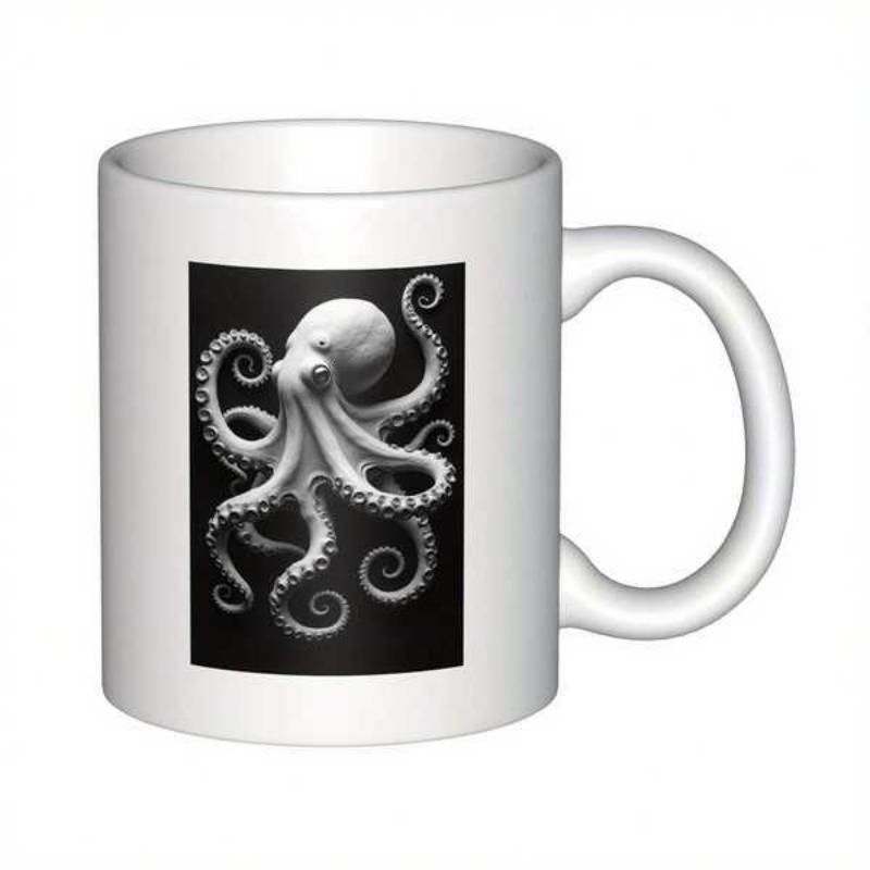 Tailorly White Ceramic 11 oz Mug - Detailed Monochrome Sea Creature With Curled Tentacles Emerging From Black Background Octopus