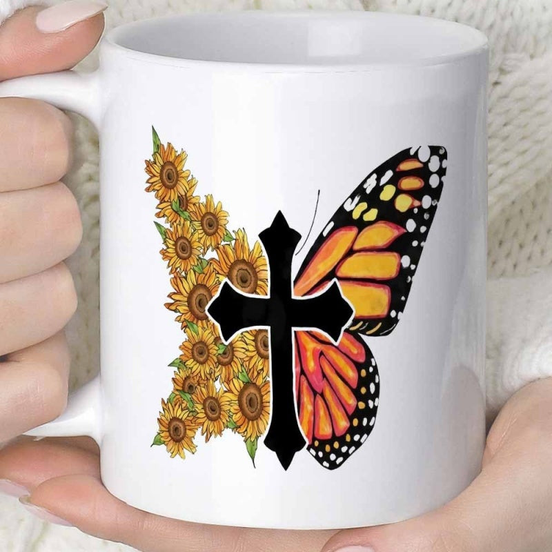 Tailorly White Ceramic 11 oz Mug - Vibrant Sunflowers Combined With Majestic Monarch Wing Centered Around Black Cross Butterfly