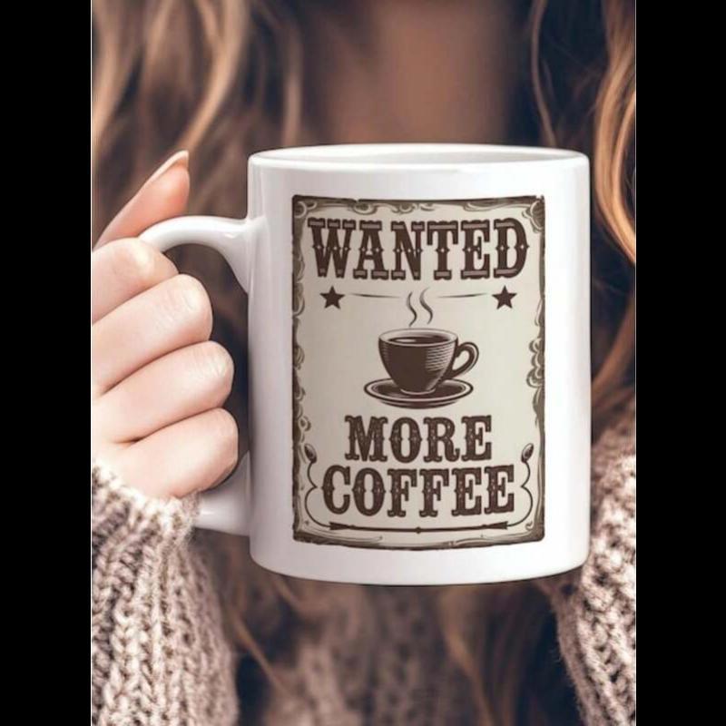 Tailorly White Ceramic 11 oz Mug - Wanted More Coffee Vintage Western Poster Featuring A Steaming Cup And Decorative Stars Coffee