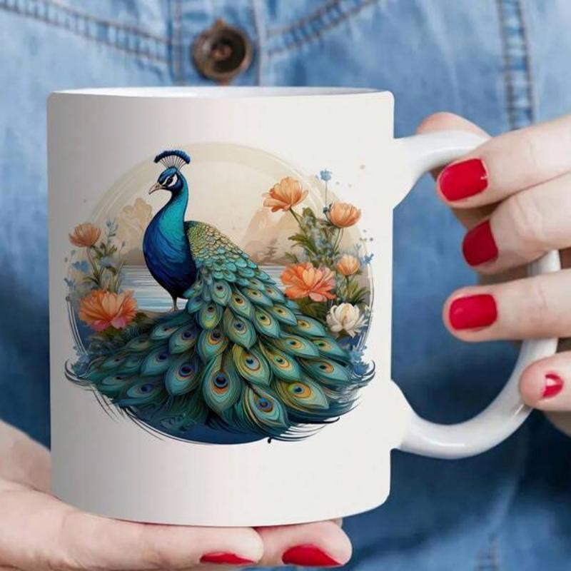 Tailorly White Ceramic 11 oz Mug - Elegant Vibrant Feathers Surrounded By Artistic Blooming Floral Garden Landscape Peacock