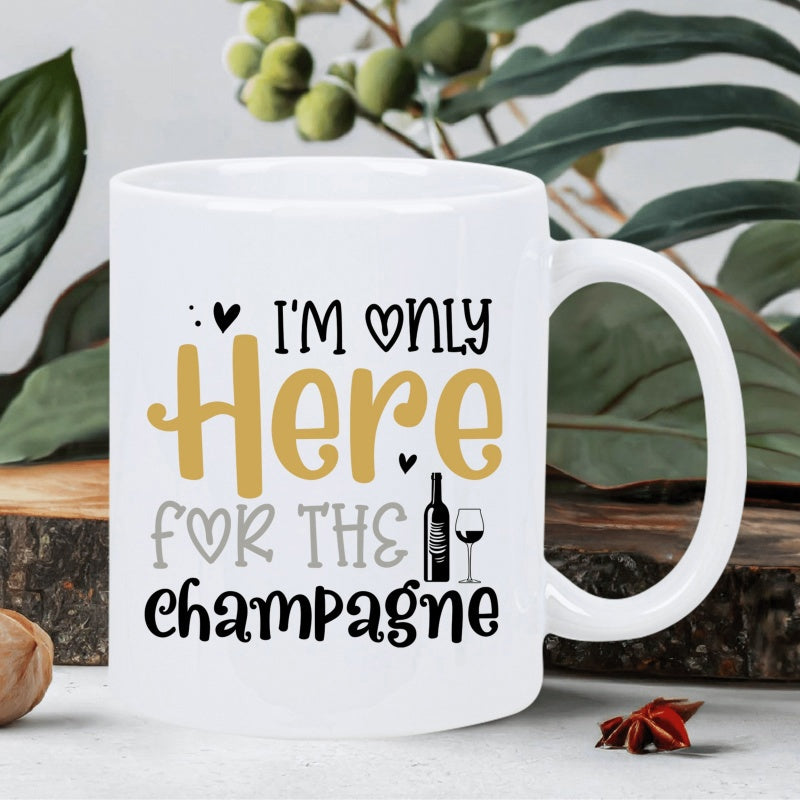 Tailorly White Ceramic 11 oz Mug - Im Only Here For The Champagne Elegant White Ceramic Texture With Minimalist Wine Bottle And Hearts Mug