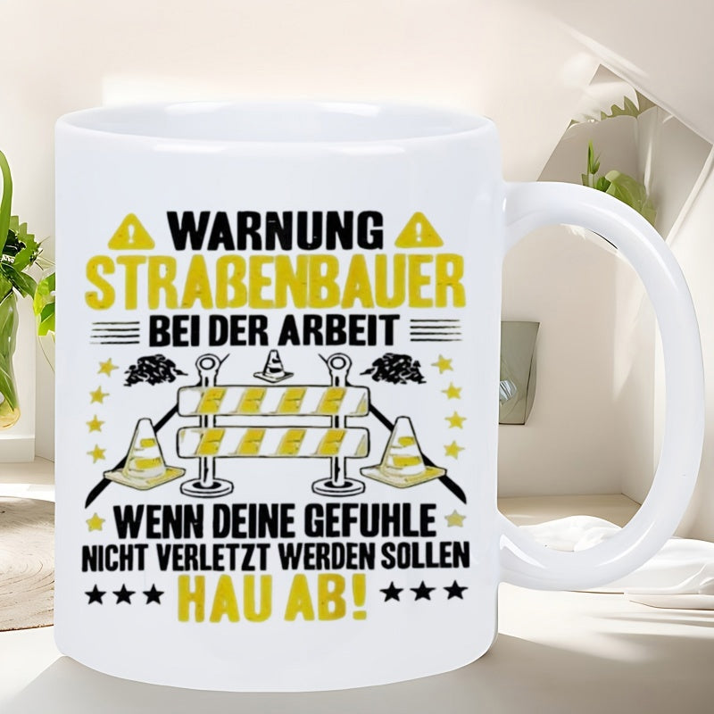 Tailorly White Ceramic 11 oz Mug - Yellow Road Construction Barrier With Safety Cones And Warning Triangles Sign