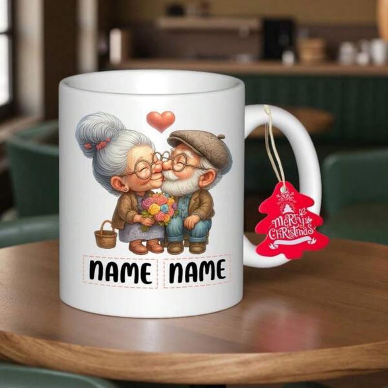 Tailorly White Ceramic 11 oz Mug - Name Name Cute Elderly Couple Sharing A Sweet Kiss With Red Heart Couple