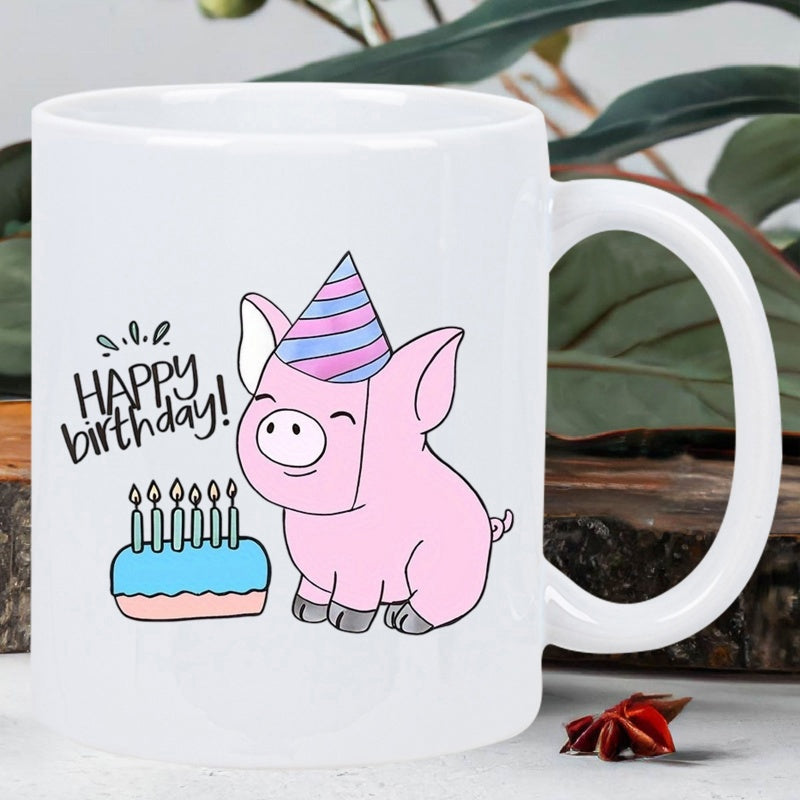 Tailorly White Ceramic 11 oz Mug - Happy Birthday Adorable Pink Cartoon Character Wearing Striped Party Hat Beside Celebration Pig