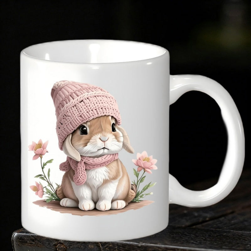 Tailorly White Ceramic 11 oz Mug - Adorable Bunny Wearing Pink Knitted Hat And Scarf Among Small Flowers Rabbit