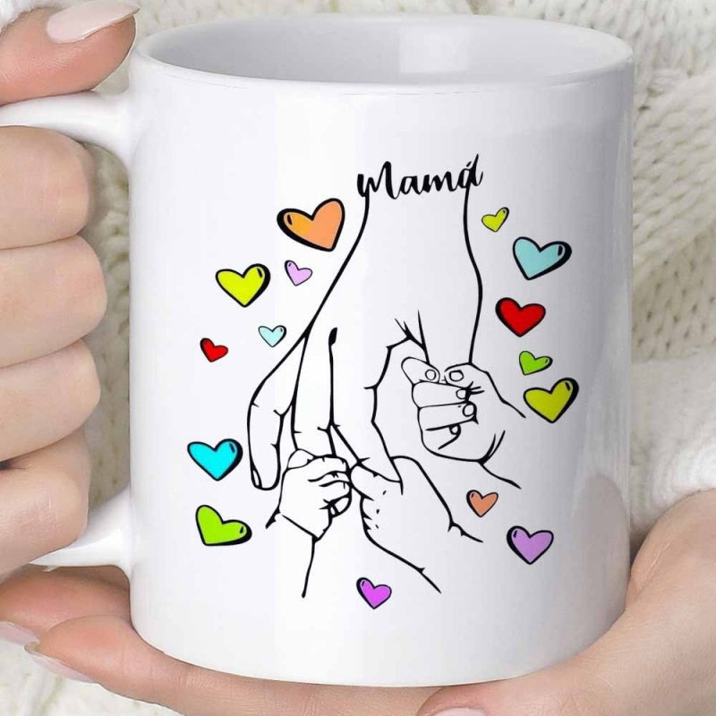 Tailorly White Ceramic 11 oz Mug - Mama Minimalist Line Art With Colorful Floating Hearts Surrounding Caring Family Hands