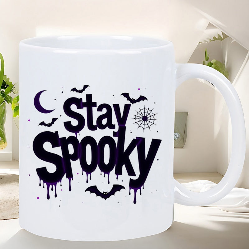 Tailorly White Ceramic 11 oz Mug - Stay Spooky Flying Bats And Cobwebs Under A Creepy Purple Crescent Moon Bat