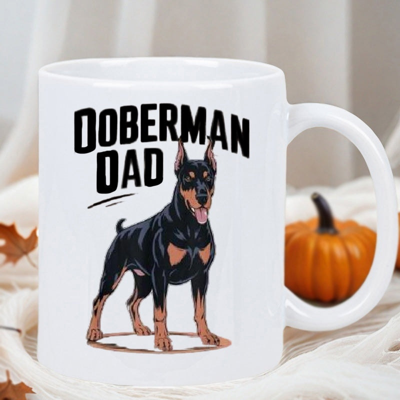 Tailorly White Ceramic 11 oz Mug - Doberman Dad Strong Athletic Loyal Breed Standing Proudly Within A Soft Circular Shadow Doberman