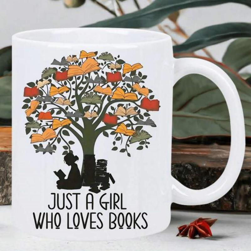 Tailorly White Ceramic 11 oz Mug - Just A Girl Who Loves Books Artistic Silhouette Under Colorful Leaves Of Reading Tree