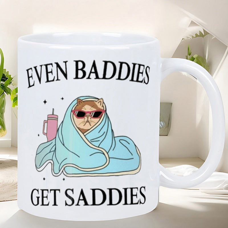Tailorly White Ceramic 11 oz Mug - Even Baddies Get Saddies Cartoon Feline Wrapped In Cozy Blue Blanket Wearing Pink Sunglasses Cat