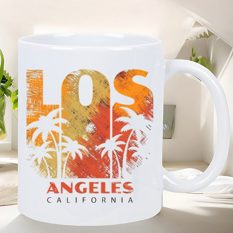 Tailorly White Ceramic 11 oz Mug - Los Angeles California Retro Sunset Colors With Tropical Palm Trees Standing Against Distressed Sky Palm Tree