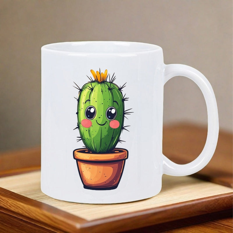Tailorly White Ceramic 11 oz Mug - Cute Green Kawaii Flowering Succulent Sitting In Brown Clay Pot Cactus