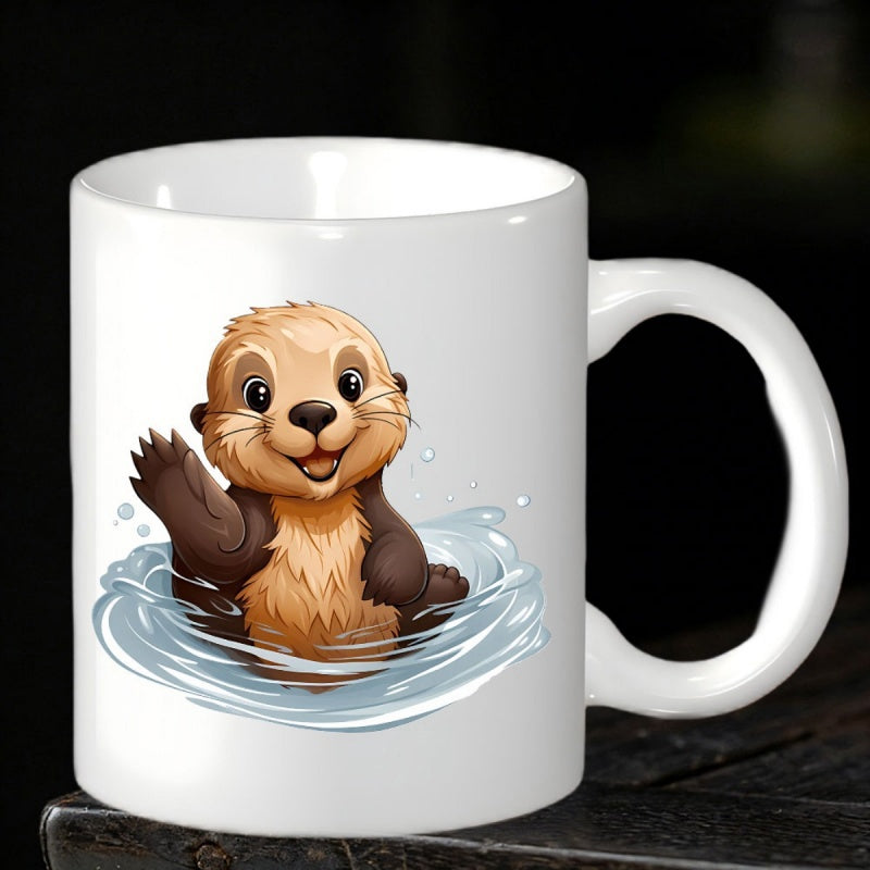 Tailorly White Ceramic 11 oz Mug - Friendly Cartoon Character Waving Joyfully While Floating On Gentle Blue Rippling Water Otter