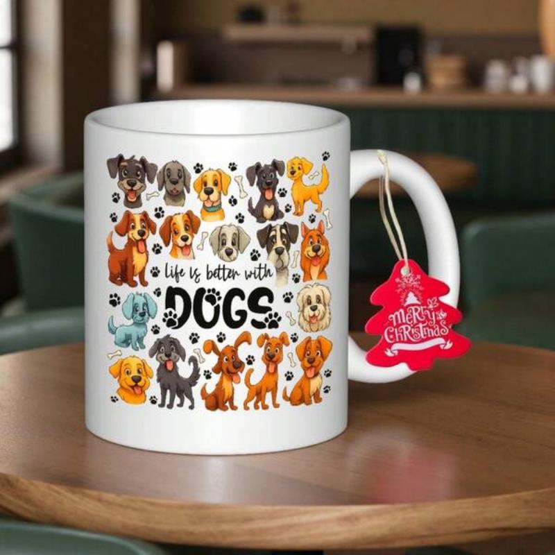 Tailorly White Ceramic 11 oz Mug - Life Is Better With Dogs Various Cute Cartoon Puppies Surrounded By Small Black Paw Prints Dog