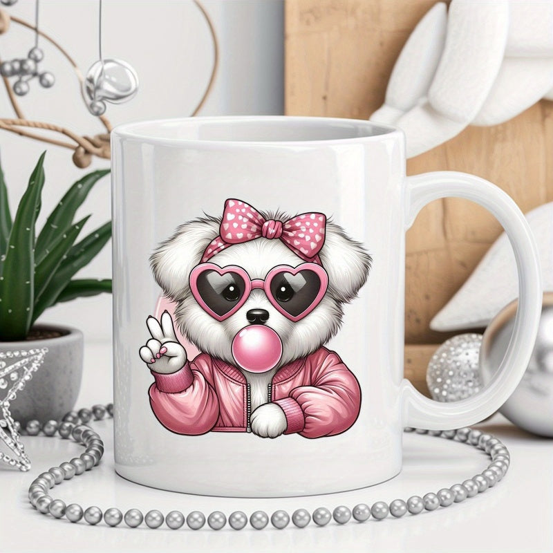 Tailorly White Ceramic 11 oz Mug - Adorable Fluffy Puppy Wearing Pink Heart Sunglasses And Polka Dot Bow Dog