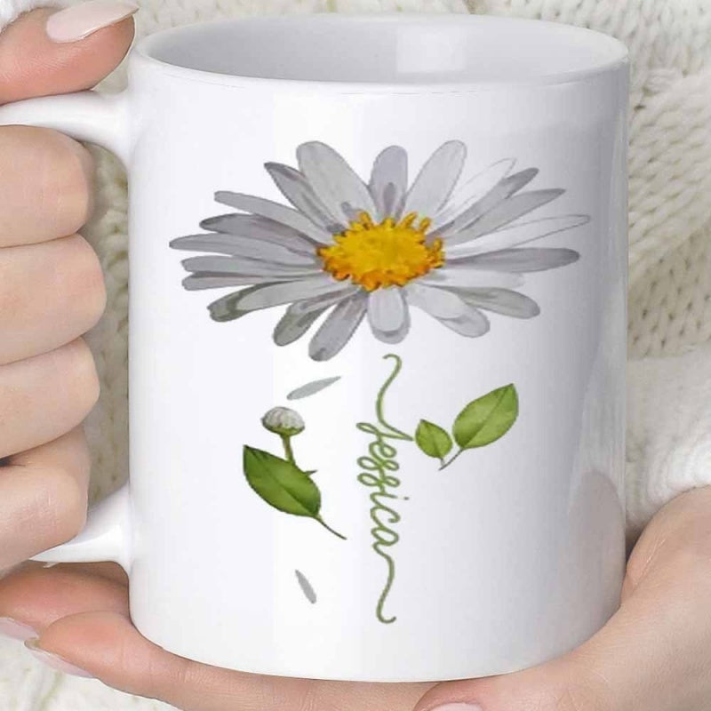 Tailorly White Ceramic 11 oz Mug - Jessica Watercolor Blooming White Petals And Green Stem With Leaves Daisy