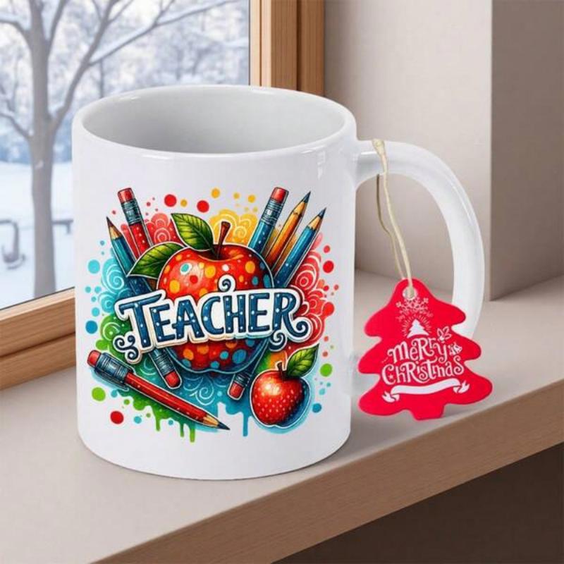 Tailorly White Ceramic 11 oz Mug - Teacher Merry Christmas Bright Red Apple Surrounded By Colorful Pencils And Artistic Paint Splashes Apple