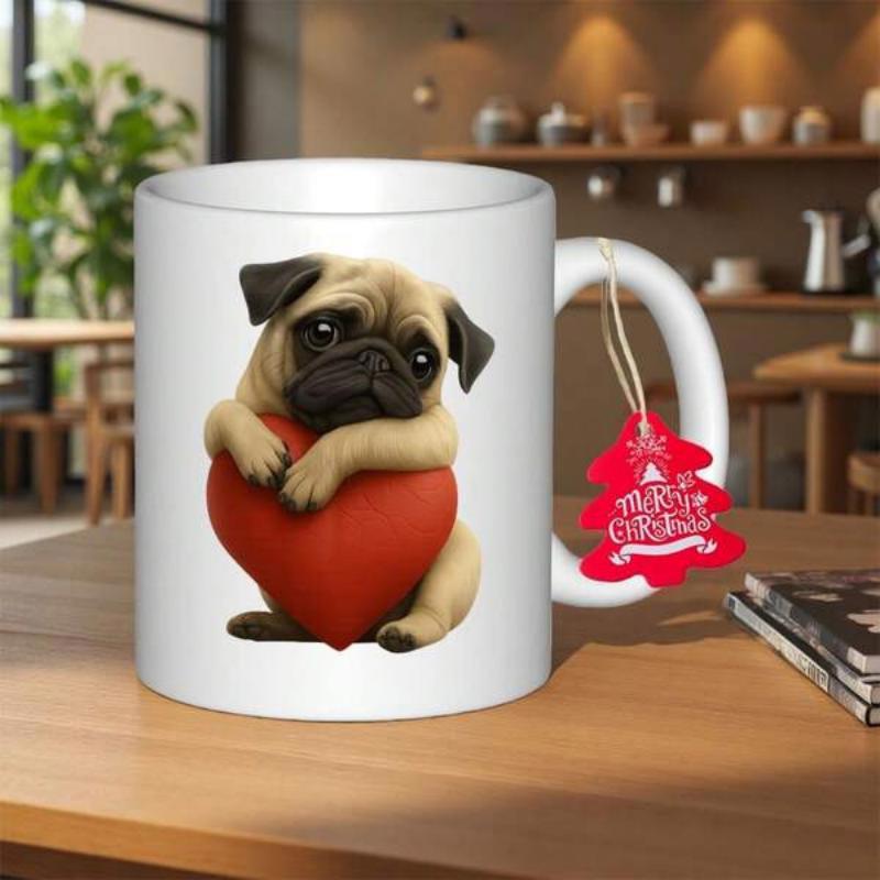 Tailorly White Ceramic 11 oz Mug - Adorable Small Dog Embracing A Large Red Heart With Loving Expression Pug