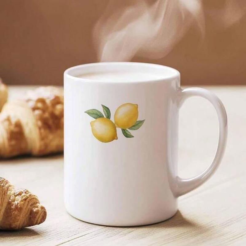 Tailorly White Ceramic 11 oz Mug - Fresh Ripe Yellow Citrus Fruits Featuring Delicate Green Leaves On Branch Lemon