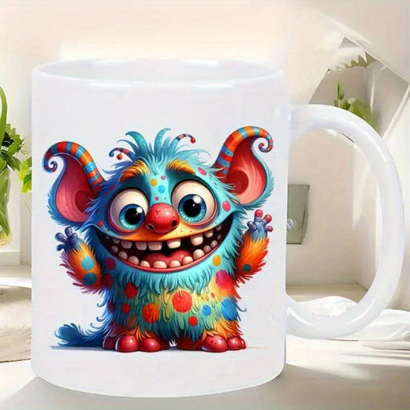 Tailorly White Ceramic 11 oz Mug - Cute Colorful Furry Creature With Big Eyes And Toothy Grin Monster