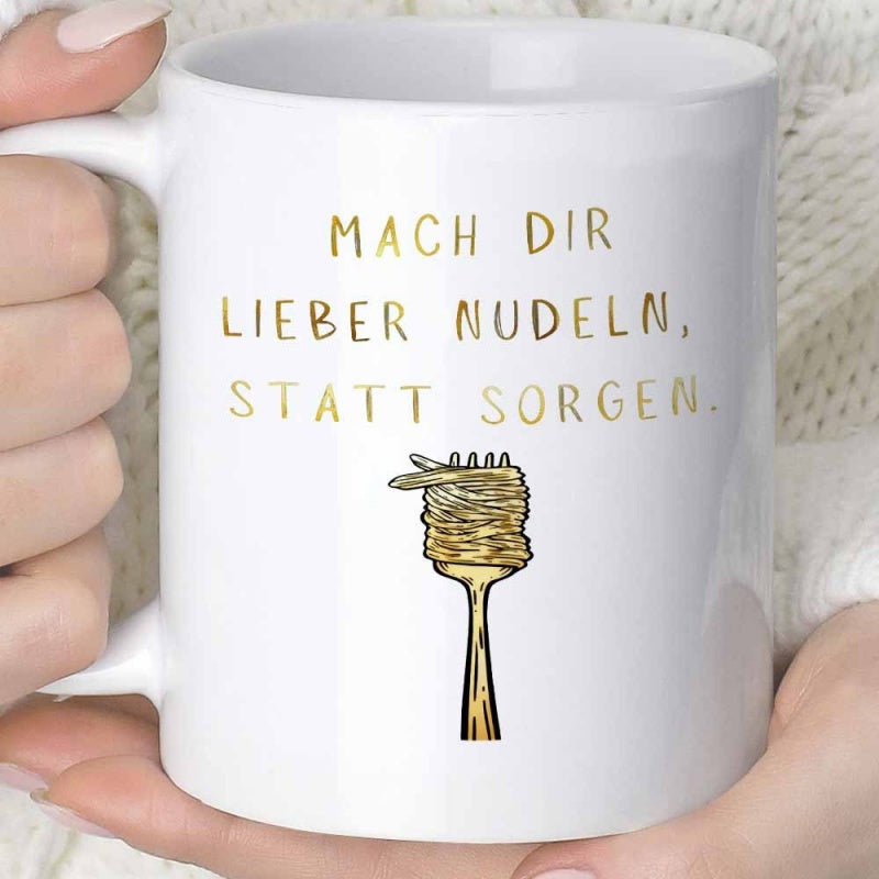 Tailorly White Ceramic 11 oz Mug - Shining Golden Kitchen Utensil Holding A Twirl Of Delicious Pasta Fork