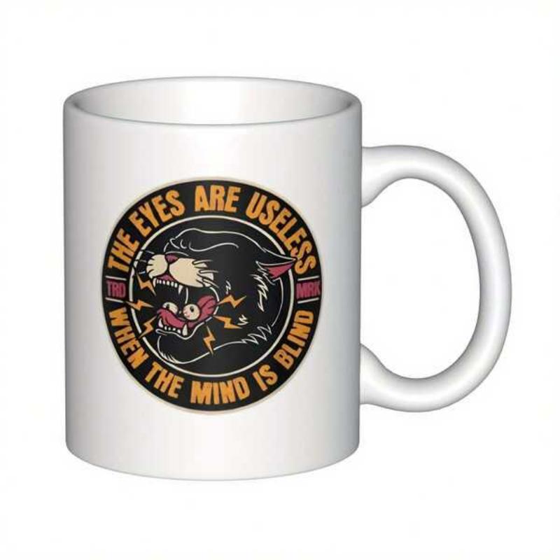 Tailorly White Ceramic 11 oz Mug - The Eyes Are Useless When The Mind Is Blind Traditional Tattoo Style Aggressive Feline Within A Dark Circular Emblem Panther