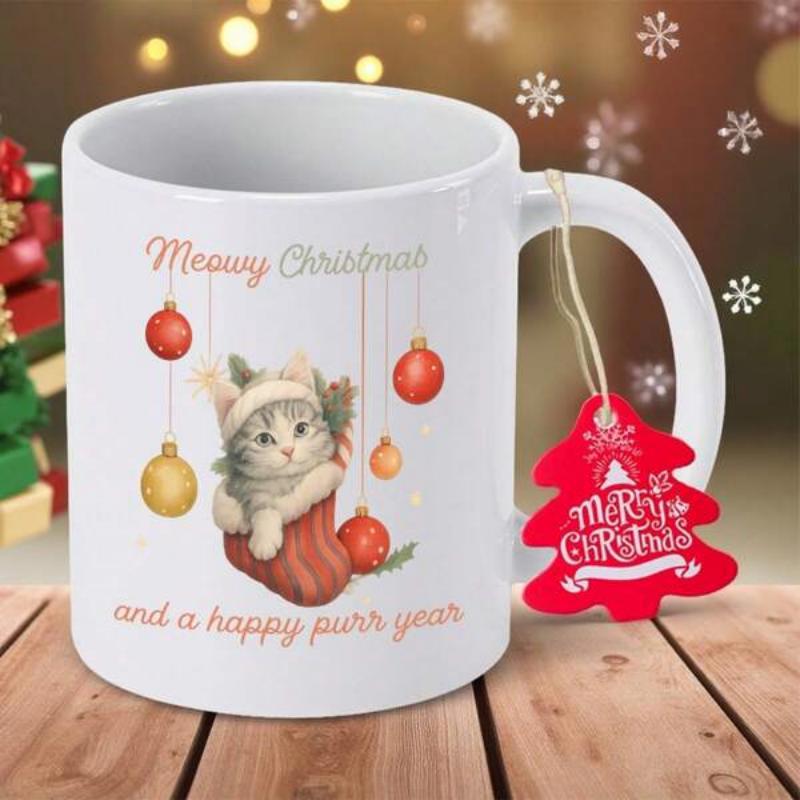 Tailorly White Ceramic 11 oz Mug - Meowy Christmas And A Happy Purr Year Adorable Festive Kitten Wearing Santa Hat Inside A Red Christmas Stocking Cat