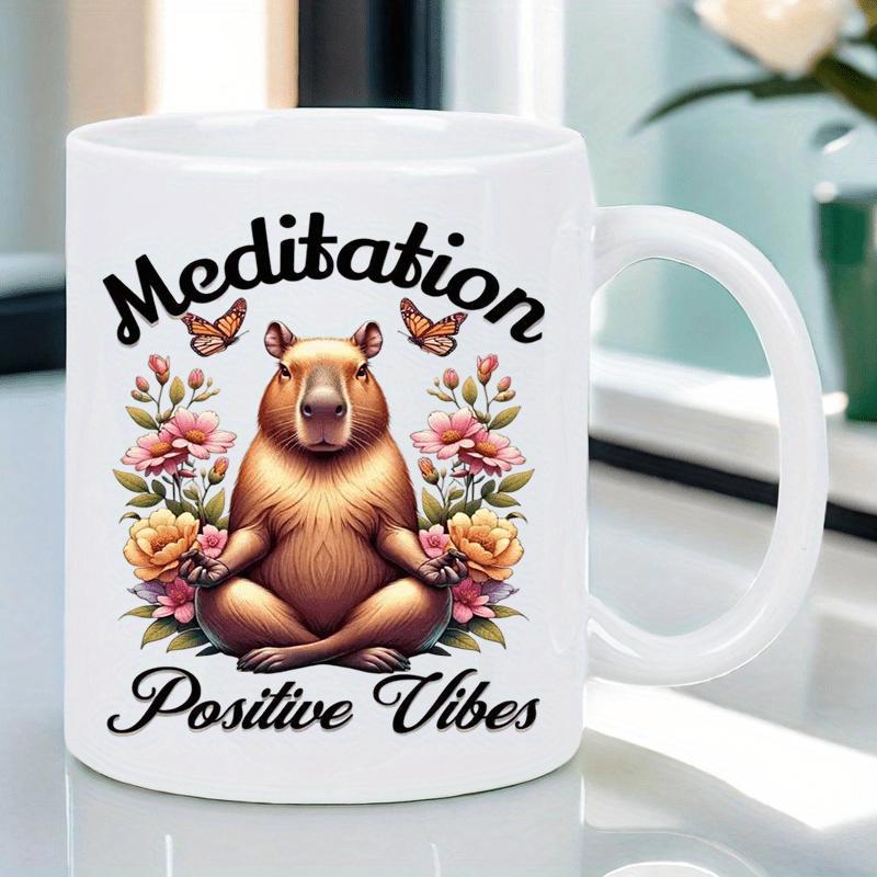 Tailorly White Ceramic 11 oz Mug - Meditation Positive Vibes Serene Animal Sitting In Lotus Pose Surrounded By Colorful Blooming Flowers Capybara