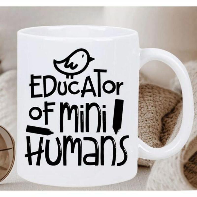 Tailorly White Ceramic 11 oz Mug - Educator Of Mini Humans Whimsical Line Art Bird With Decorative Pencil Shapes Bird