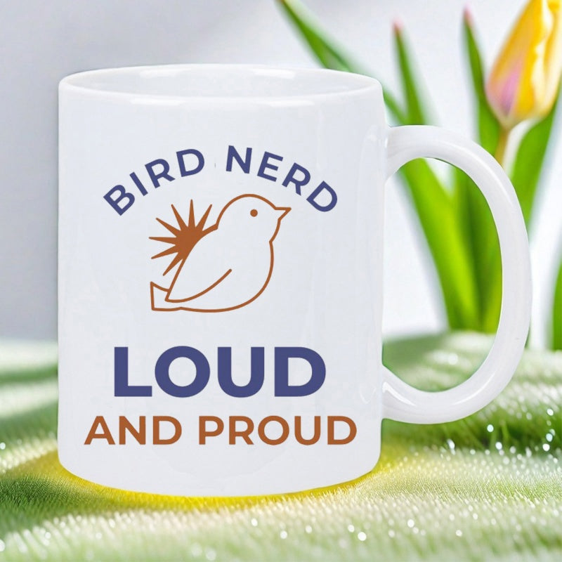 Tailorly White Ceramic 11 oz Mug - Bird Nerd Loud And Proud Simple Minimalist Outline Style With A Rising Sun Graphic Bird