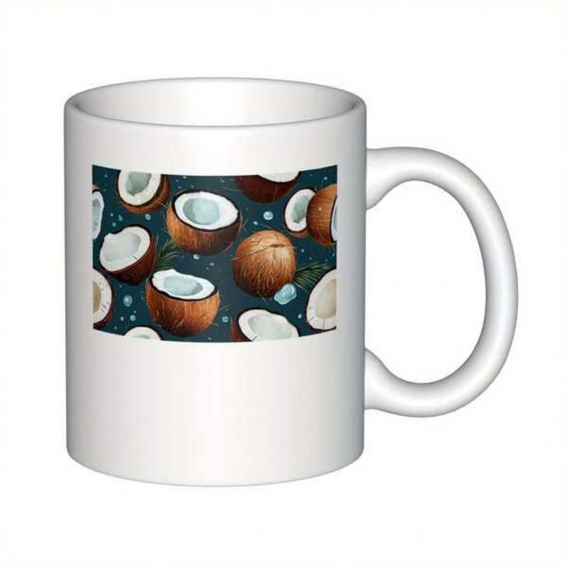 Tailorly White Ceramic 11 oz Mug - Tropical Brown Cracked Coconuts Floating On Dark Background With Blue Specks Coconut