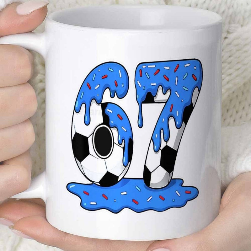Tailorly White Ceramic 11 oz Mug - Blue Melting Glaze With Colorful Sprinkles Over Sports Textured Football Number