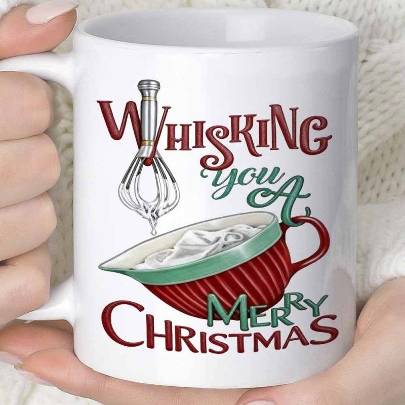 Tailorly White Ceramic 11 oz Mug - Whisking You A Merry Christmas Festive Kitchen Tool Mixing Batter In Red Striped Whisk