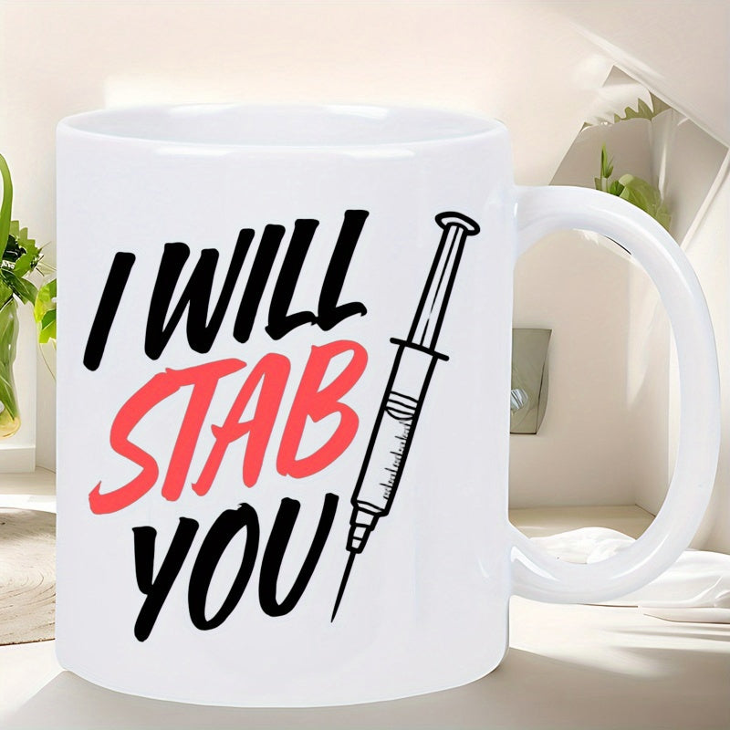 Tailorly White Ceramic 11 oz Mug - I Will Stab You Simple Medical Syringe Illustration With Sharp Needle And Bold Black Lines Syringe