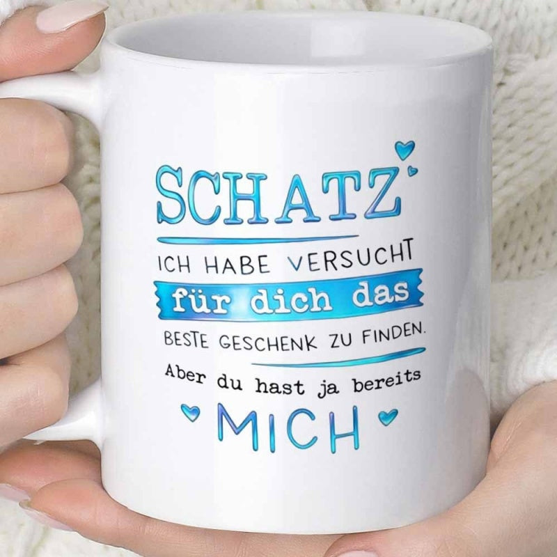 Tailorly White Ceramic 11 oz Mug - Elegant With Decorative Blue Hearts And Romantic Lettering Mug