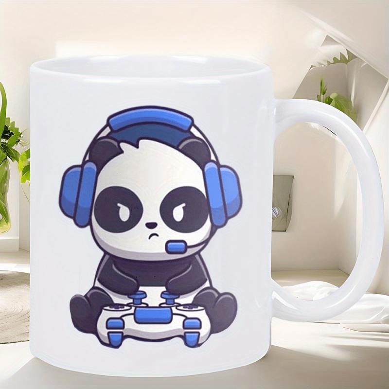 Tailorly White Ceramic 11 oz Mug - Cute Gaming Panda Wearing Blue Headset Holding A High Tech Controller Panda