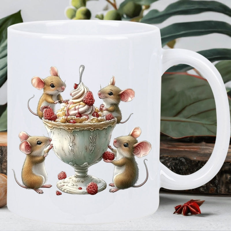 Tailorly White Ceramic 11 oz Mug - Four Cute Mice Gathering Around Sweet Dessert With Raspberries And Cream Mouse