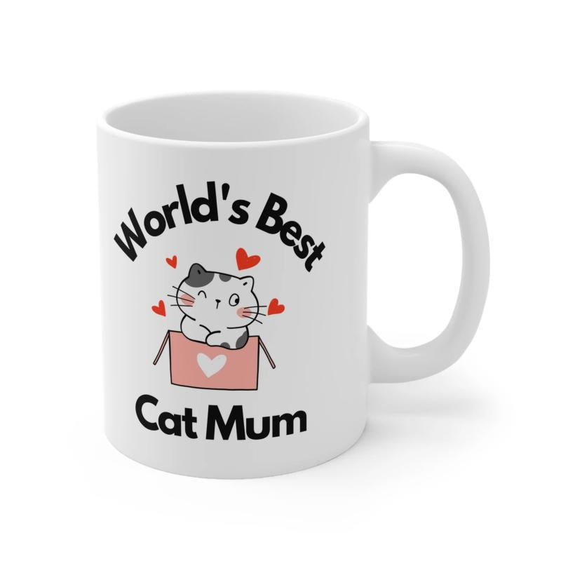 Tailorly White Ceramic 11 oz Mug - World's Best Cat Mum Adorable Spotted Kitten Sitting Inside A Pink Heart Box With Floating Hearts Cat